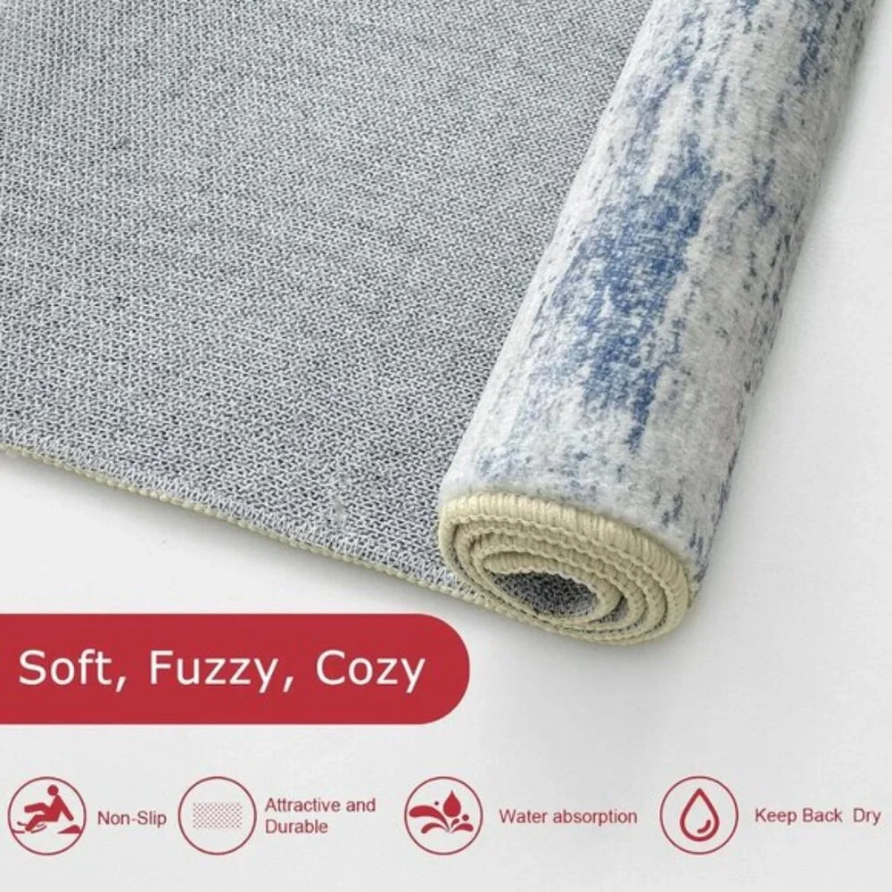 New Modern Abstract 2x3 Entryway Rug, Washable Non-Slip Faux Wool Mat, Grey-Blue